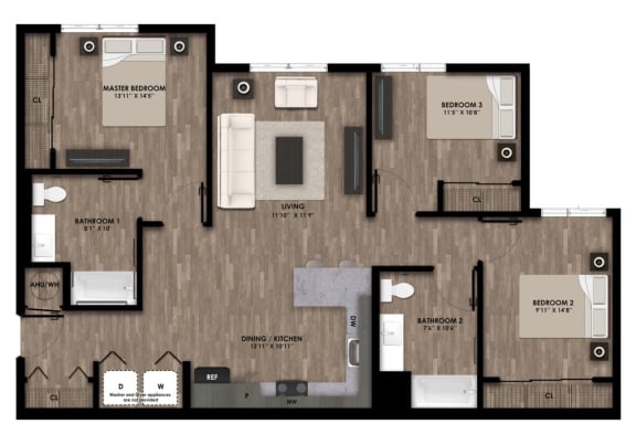 Three Bedroom Floor Plan at The Retreat Affordable Apartments in Merced CA