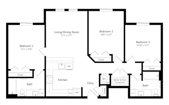 Three Bedroom Floor Plan at Carson Crossing Apartments in Austin