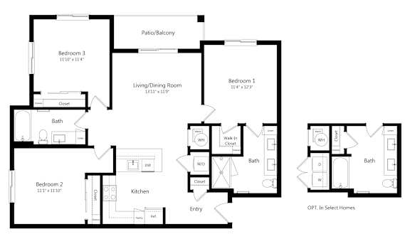 Floor Plan  A floor plan of a home with three bedrooms, a living/dining room, a kitchen, and a bathroom.