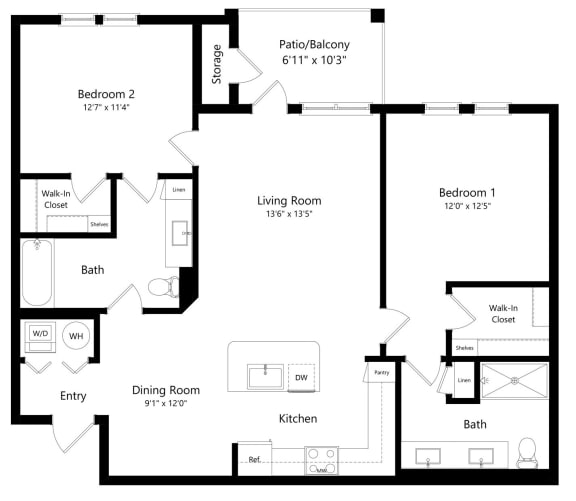 Two Bedroom Floor Plan with 1,236 Sq. Ft. Two Bedroom Floor Plan with 1,236 Sq. Ft. at The Epic at Gateway Luxury Apartments in St. Pete, FL