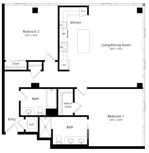 Two Bedroom Floor Plan with 1,326 Sq. Ft. Two Bedroom Floor Plan with 1,326 Sq. Ft. at F11 Luxury Apartments in San Diego CA