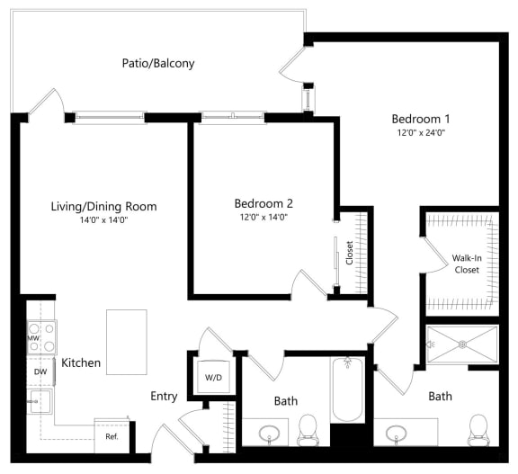 Two Bedroom Floor Plan with 1,054 Sq. Ft. at F11 Luxury Apartments in San Diego CA