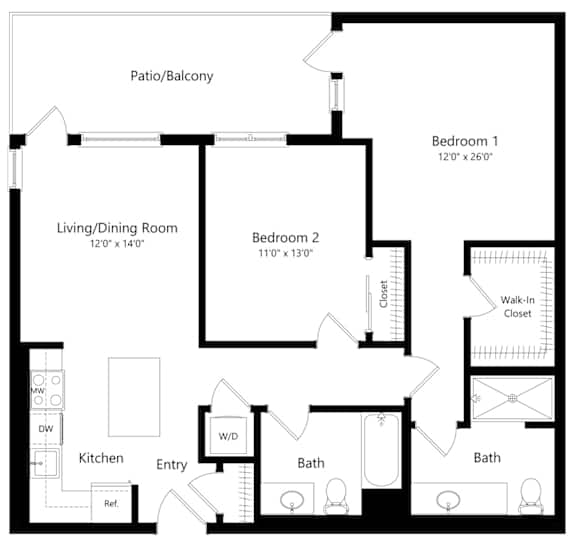 Two Bedroom Floor Plan with 1,058 Sq. Ft. at F11 Luxury Apartments in San Diego California
