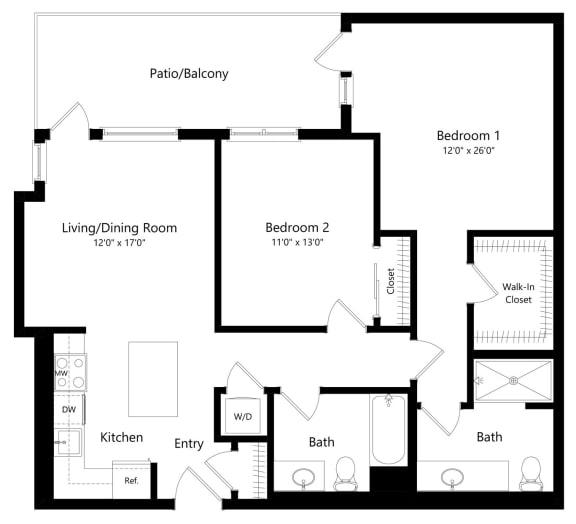 Two Bedroom Floor Plan with 1,073 Sq. Ft. at F11 Luxury Apartments in San Diego CA