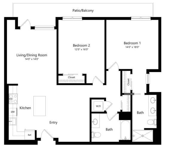Two Bedroom Floor Plan with 1,217 Sq. Ft. Two Bedroom Floor Plan with 1,217 Sq. Ft. at F11 Luxury Apartments in San Diego CA