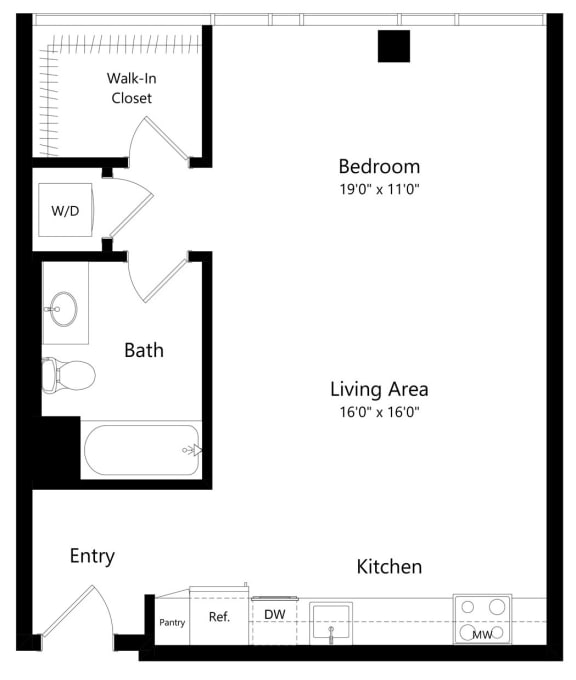Studio Floor Plan with 637 Sq. Ft. at F11 Luxury Apartments in San Diego CA
