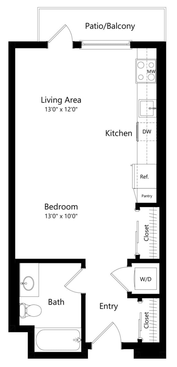 Studio Floor Plan with 541 Sq. Ft. at F11 Luxury Apartments in San Diego CA