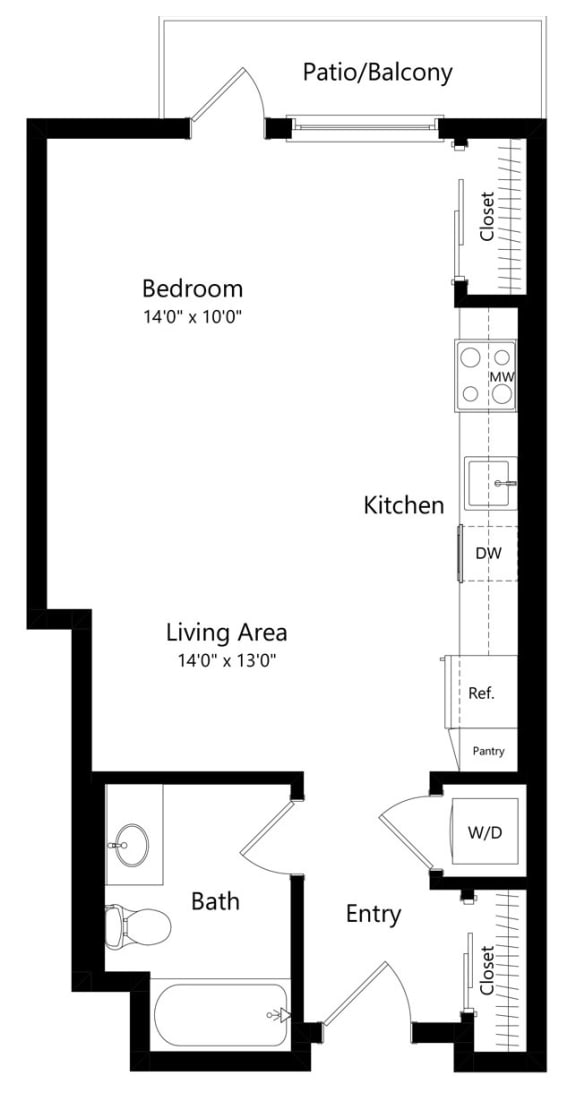 Studio Floor Plan with 573 Sq. Ft. at F11 Luxury Apartments in San Diego CA
