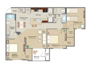 Three Bedroom Floor Plan at Bennett Creek Apartments in Jacksonville FL