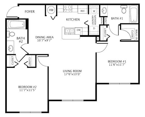 Two-Bedroom Floor Plan at Hunt Club Affordable Apartments in Tampa, FL