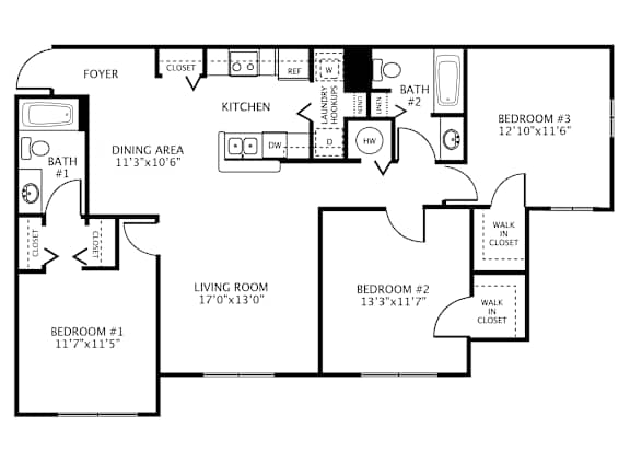 Three-Bedroom Floor Plan at Hunt Club Affordable Apartments in Tampa, FL