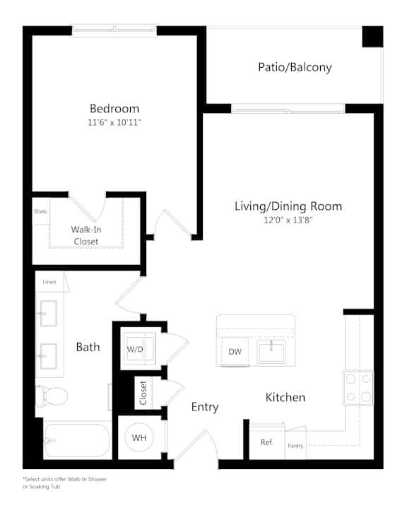 One Bedroom Floor Plan at Ivy Heights Apartments in Austin