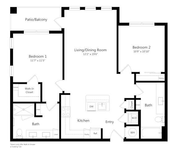 Floor Plan  Two bedroom floor plan at Ivy Heights apartments in Austin, Texas