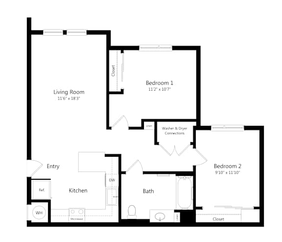 Two-Bedroom Floor Plan at Lakeland Affordable Apartments in Santa Fe Springs, CA