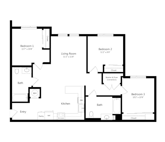 Spacious Three-Bedroom Floor Plan at Lakeland Affordable Apartments in Santa Fe Springs, CA
