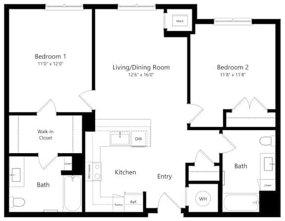 Two Bedroom Floor Plan at Lexington Reserve Senior Apartments in Portsmouth, VA
