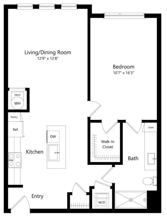 One Bedroom Floor Plan with Shower at Lyra Luxury Apartments in Sarasota FL