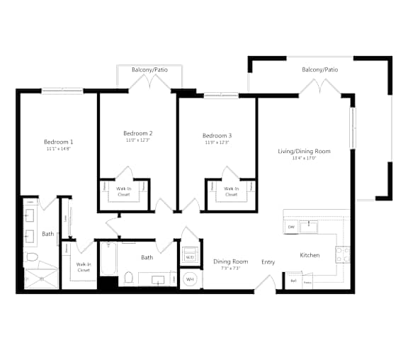 Three-Bedroom Floor Plan at Marquee Square Apartments in East Tampa FL