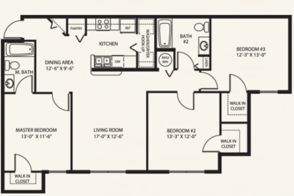 Three Bedroom Floor Plan at Morgan Creek Affordable Apartments in Tampa FL
