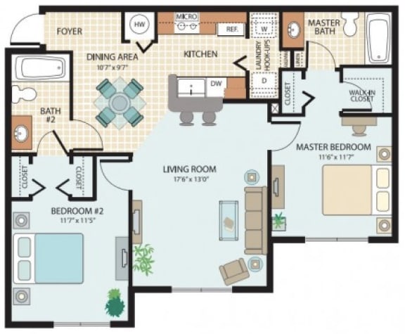 Two-Bedroom Floor Plan at  at Hudson Ridge Apartments in Port Richey, FL