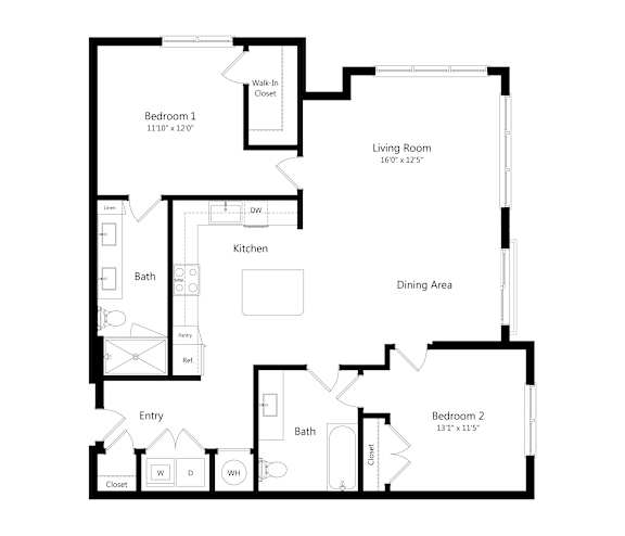 Two Bedroom Floor Plan with 1,206 Sq. Ft. at Parc at White Rock Luxury Apartments in Dallas TX