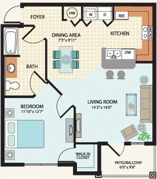 One Bedroom Floor Plan at Parkway Place Affordable Apartments in Melbourne, FL