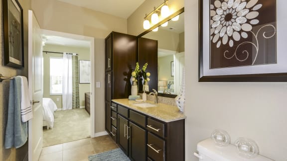 Double Sink Vanities and Large Storage Cabinets at The Sedona Luxury Apartments in Tampa FL
