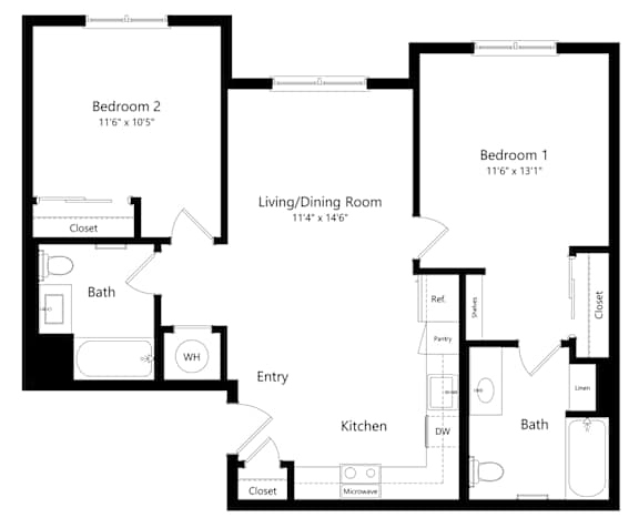 Two Bedroom Floor Plan at River Canyon Affordable Apartments in Merced, CA