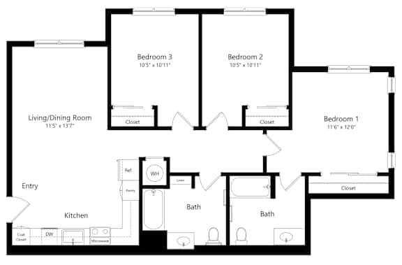 Three Bedroom Floor Plan at River Canyon Affordable Apartments in Merced, CA
