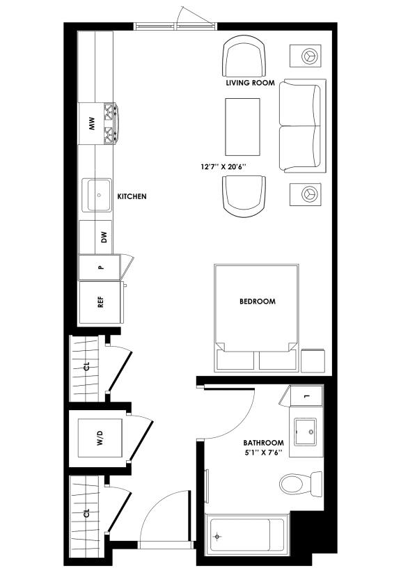 Studio Floor Plan at The Chandler NoHo Apartments in North Hollywood, CA