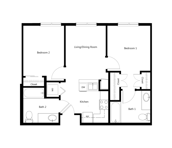 Two Bedroom Floor Plan at Sycamore Senior Village Apartments in Oxnard CA