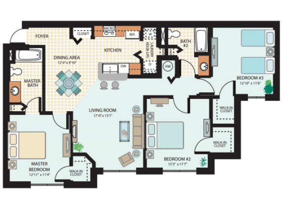 3 Bedroom Floor Plan at Booker Creek Apartments in St. Petersburg, FL