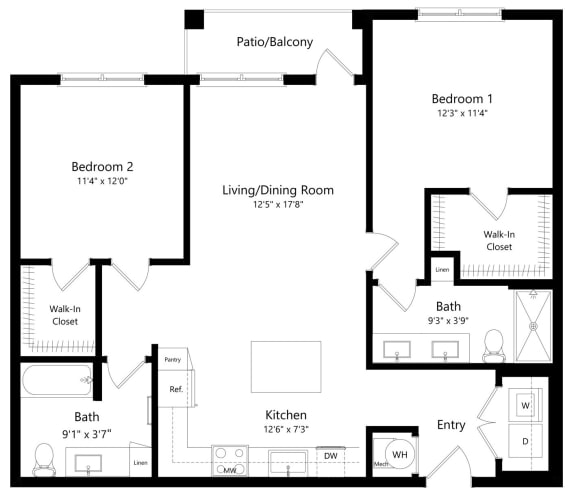 Floor Plan  Two Bedroom Floor Plans at The Gallery at Trinity Luxury Apartments in Trinity FL
