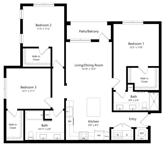 Three-Bedroom Floor Plan at The Gallery at Trinity Luxury Apartments in Trinity FL