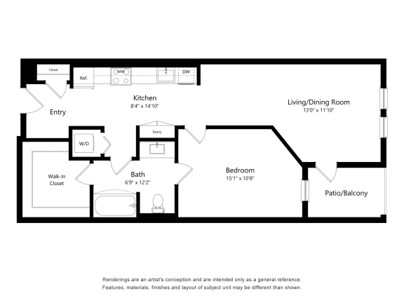 Floor Plan  One Bedroom Floor Plan at The Huntington Luxury Apartments in Duarte CA