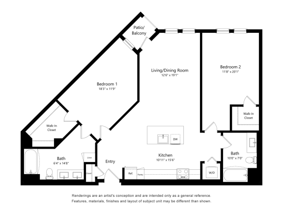 Two Bedroom Floor Plan at The Huntington Luxury Apartments in Duarte CA