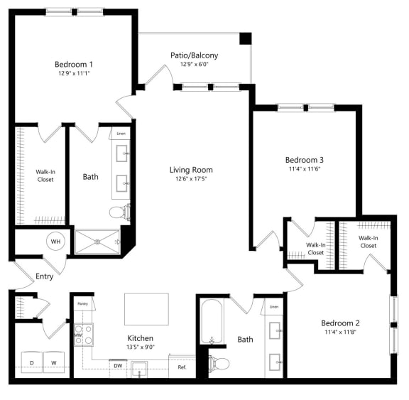 Three Bedroom Floor Plan | 1,433 Sq. Ft. Three Bedroom Floor Plan | 1,433 Sq. Ft. at The Morgan Luxury Apartments in Orlando FL