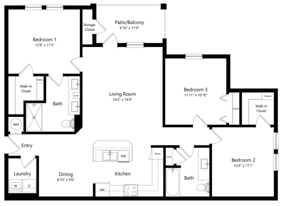 Three Bedroom Floor Plan at The Sedona Luxury Apartments in Tampa FL