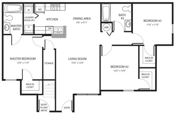3 Bedroom Floor Plan at Brook Haven Apartments in Brooksville, FL