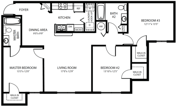 3 Bedroom Floor Plan at Claymore Crossings Apartments in Tampa FL