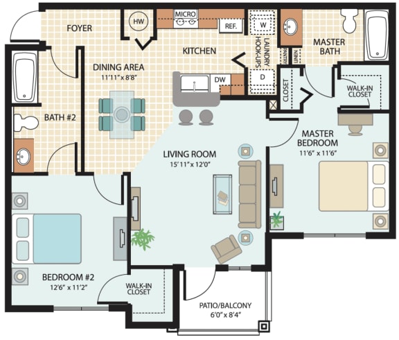 2 Bedroom Floor Plan at Cristina Woods Apartments in Riverview, FL