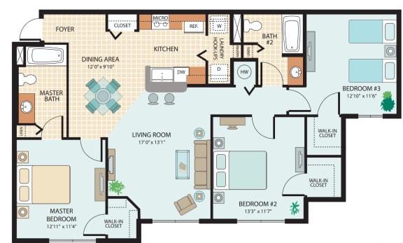 Three Bedroom Floor Plan at Timber Trace Affordable Apartments in Titusville, FL