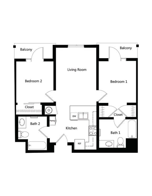 Two Bedroom Floor Plan at Ventana Senior Apartments in Fullerton CA