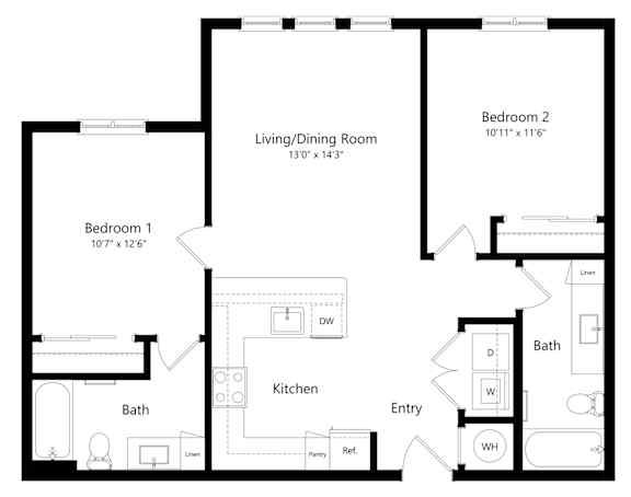Two-Bedroom, Two-Bath Floor Plan at Ivy Heights Apartments in South Austin, TX