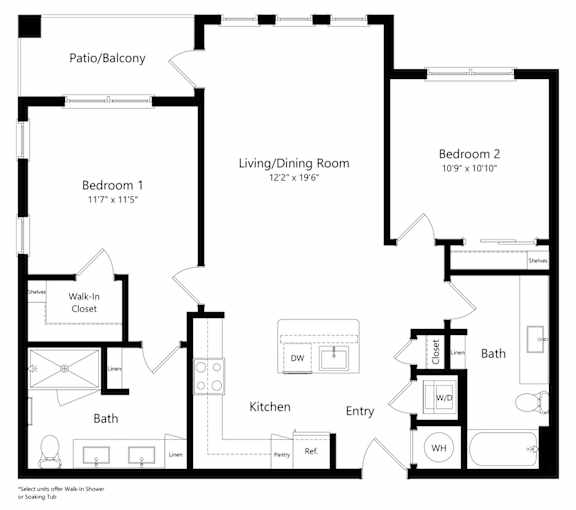 Two Bedroom Floor Plan at Ivy Heights Apartments in Southeast Austin TX