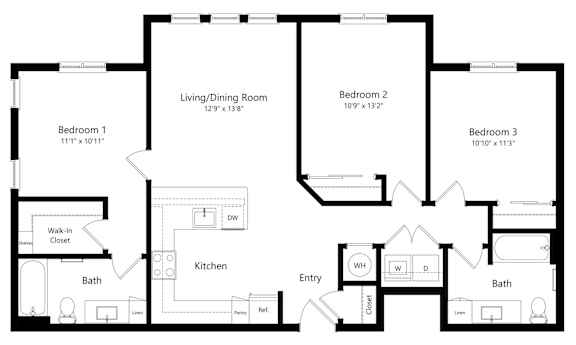 Three-Bedroom Floor Plan at Ivy Heights Apts in Austin TX