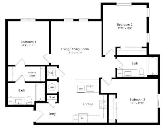 3-Bedroom Floor Plan at Ivy Heights Apts in Austin TX