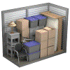 a group of boxes and a table and a chair