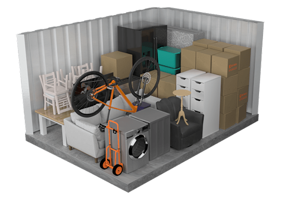 A 3D rendered image of a room with a washing machine, a bicycle, a chair, a table, and boxes.