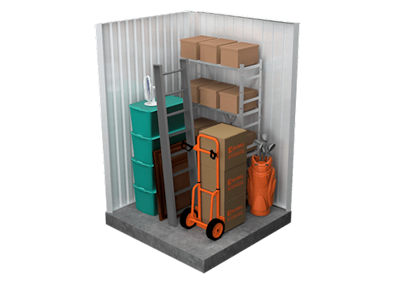 A 3D rendered image of a storage room with a blue barrel, a green barrel, a grey shelf with boxes, a red bag, and an orange hand truck.